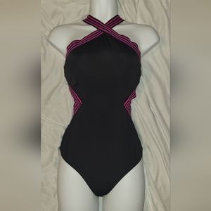 🩱Afriel & Tabbris Black Hot Pink Cut Out 1 Piece Swimsuit Size 10 Sexy